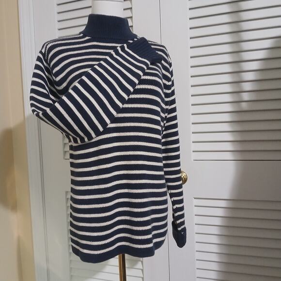 GAP Medium 100% Cotton Mock-Neck Blue/Cream Striped Tunic Sweater Ribbed Cuff - Picture 6 of 13